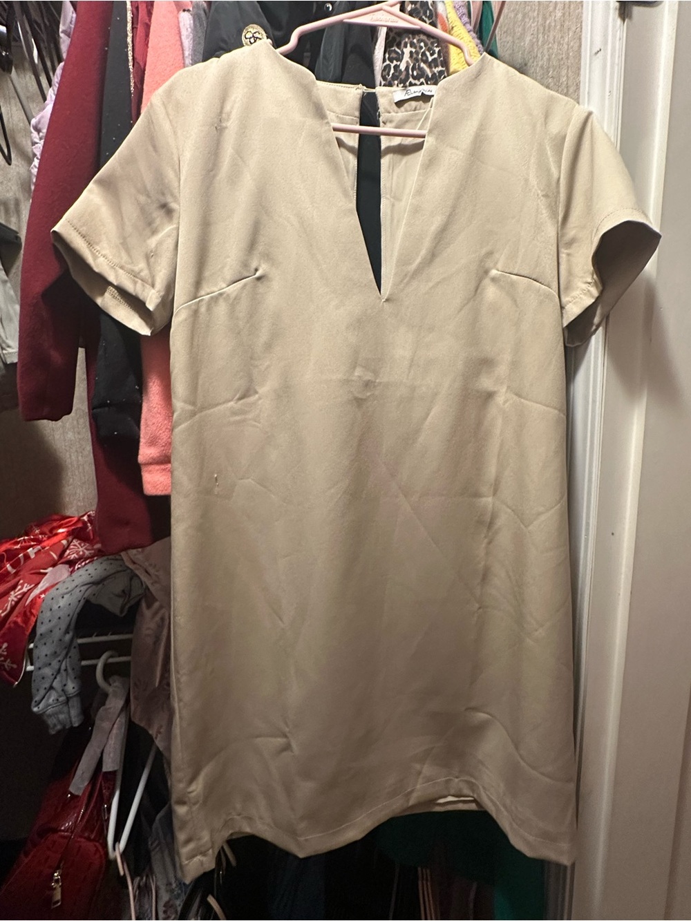 Beige Short Sleeve Shift Dress with V-Neck